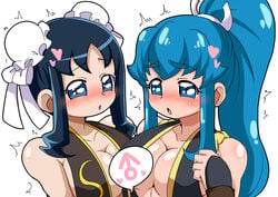 2girls alternate_version_available bare_shoulders big_breasts blue_eyes blue_hair blush busty capcom chun-li cleavage clothing cosplay curvy eyelashes female female_only front_view hair_bun happinesscharge_precure! heart heartcatch_precure! human kurumi_erika large_breasts long_hair looking_down multiple_females multiple_girls open_mouth ponytail pose posing precure pretty_cure shiny shiny_skin shirakai shirayuki_hime simple_background standing street_fighter tied_hair video_game video_games voluptuous white_background