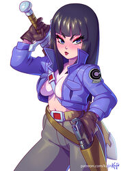 1girls areola_slip black_hair blue_eyes blush breasts cleavage cosplay dragon_ball dragon_ball_(classic) dragon_ball_z eyeshadow female female_only handgun holstered_weapon jacket kajinman lipstick long_hair looking_at_viewer mai_(dragon_ball) makeup no_bra red_lipstick solo sword trunks_briefs_(cosplay)