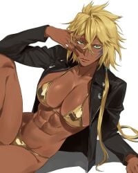 abs african_female big_breasts bleach blonde_hair busty busty_female curvy curvy_female dark-skinned_male enargeia gold_bikini hair_between_eyes juicy_lips long_hair muscular_female open_jacket ponytail pose thick_thighs tia_harribel wide_hips