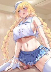 1boy 1girl absurdres bare_shoulders beret blonde_hair blue_eyes blue_panties blue_skirt blush braid braided_ponytail breasts cameltoe censored choker clothed_female_nude_male commentary_request crop_top crop_top_overhang cum ejaculation erection fate/grand_order fate_(series) fingerless_gloves girl_on_top gloves hat hetero highres ijima_yuu jeanne_d'arc_(fate) jeanne_d'arc_(mystery_treasure)_(fate) large_breasts long_hair midriff mini_hat navel nipples nude open_mouth panties penis pleated_skirt pussyjob sailor_collar shirt single_braid skirt straddling thighhighs thighs underboob underwear very_long_hair white_gloves white_hat white_shirt white_thighhighs