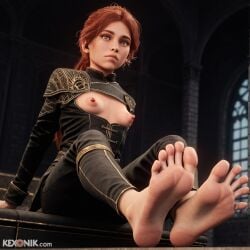 :< ai_generated armor black_jacket black_pants breasts_out clair_obscur:_expedition_33 clitoris excessive feet feet_together foot_focus from_below gold_trim indoors kexonik large_areolae looking_at_viewer luxurious maelle_(clair_obscur:_expedition_33) manor petite petite_body puffy_areolae puffy_nipples redhead side_view sitting skinny slim small_breasts soles solo spread_toes tiny_breasts toes