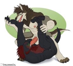 abs anthro balls canid canine canis claws duo feet foot_lick genitals hi_res hybrid legs_up licking lying male male/male mammal muscular mustelid nude on_back open_mouth oral otter scalie spelunker_sal tagg tiberius_thicktail tongue tongue_out wolf