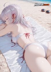 1girl 1girls ai_generated alisa_mikhailovna_kujou beach blue_eyes blush blushing female haart_ai hair_ribbon medium_breasts nude outdoors skinny slim_waist tagme white_hair
