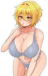 1girls bbambi big_breasts breasts cleavage don_quixote_(limbus_company) female female_only finger_on_mouth finger_on_own_lip limbus_company solo solo_female underwear yellow_eyes yellow_hair