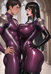 ai_generated big_ass civitai huge_breasts impossible_clothes kamori_sayaka latex_clothing latex_gloves latex_legwear latex_thighhighs nun nun_outfit purple_bodysuit rindou_aya_style shiny_clothes voluptuous