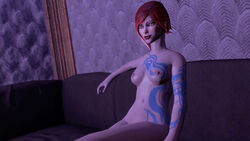 3d areolae borderlands breasts female female female_only joe12334 lilith_(borderlands) looking_at_viewer nipples on_couch red_hair sitting solo tattoo yellow_eyes