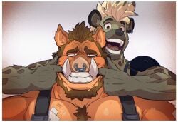 2023 5_fingers beard brown_beard brown_hair chest_tuft duo ear_piercing fur_markings furry grey_body hyena male muscular nose_piercing open_mouth orange_body saltypoundcake tan_hair wild_boar