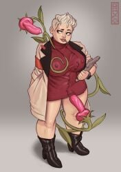 1girls big_breasts coat dress female graveclown high_heel_boots plant short_hair tentacles