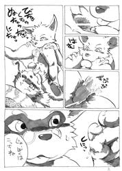 2016 alucaje_(pixiv) anal anthro anus ass balls blush canine clothing comic erection exhibitionism eyewear footwear fox glasses hat humanoid_penis japanese_text male mammal nude open_mouth oral penis precum public rimming sex shoes straw_hat tanuki text tongue tongue_out translation_request yaoi