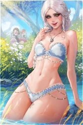 2boys 2d 3girls abs bathing black_hair bra braid breasts cd_projekt_red ciri embarrassed embarrassed_female female freckles freckles_on_face geralt_of_rivia green_eyes jaskier_(the_witcher) light-skinned_female light_skin lingerie looking_at_viewer mascara navel outdoors panties prywinko red_hair river scar smiling smiling_at_viewer tattoo the_witcher_(series) the_witcher_4 triss_merigold underwear voyeur voyeurism wet_body white_hair wide_hips witcher_medallion yennefer