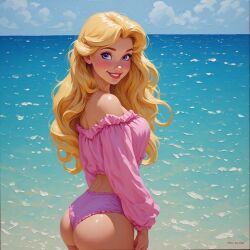 ai_generated aurora_(sleeping_beauty) disney disney_princess petite skinny_female sleeping_beauty_(1959_film) smile water