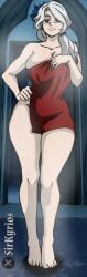 1girls blue_eyes breasts cleavage rwby sirkyrios solo_female towel towel_only white_hair white_hair_female willow_schnee