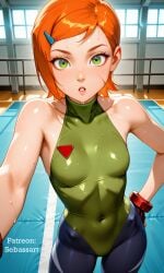 ai_generated blush crossover green_eyes gwen_tennyson leotard mature_female orange_hair paid_reward_available patreon petite sebassart sexy short_hair slim_waist solo street_fighter sweat thick_thighs tight_clothing tight_fit wet