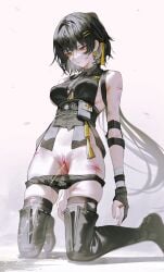 bare_shoulders blood earrings female_focus female_rover_(wuthering_waves) hair_ornament highres iumu looking_down on_knees panties_down pee pissing rover_(wuthering_waves) scars short_hair simple_background solo solo_female urination urine white_background wuthering_waves