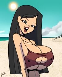 artist_signature asian asian_female barely_contained_breasts beach beach_background black_hair blue_sky breasts cel_shading choker clouds detailed_background eyelashes female female_only fence grey_eyes heather_(tdi) large_breasts light-skinned_female light_skin long_hair looking_at_viewer maroon_clothing maroon_lipstick nipple_bulge ocean open_mouth portrait rustysh4ckl3ford sand sea seaside sky small_top smile smiling solo solo_female solo_focus sun total_drama_(series) total_drama_island underboob