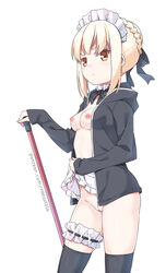 apron apron_lift artoria_pendragon artoria_pendragon_(swimsuit_rider_alter) bangs black_bow black_jacket blonde_hair blush bow braid breasts brown_eyes closed_mouth cowboy_shot eyebrows_visible_through_hair fate/grand_order fate_(series) female fingernails frilled_apron frills hair_bun hairbow hand_up hatsunatsu hood hood_down hooded_jacket jacket leg_garter lifted_by_self long_sleeves maid_headdress medium_breasts nipples open_clothes open_jacket pussy ribbon_trim sidelocks simple_background sleeves_past_wrists solo v-shaped_eyebrows waist_apron watermark web_address white_apron white_background