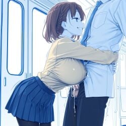 1boy 1girl ai-chan_(tawawa) ai_generated balls belt black_pants black_pantyhose blue_eyes blue_skirt blue_theme braid breasts brown_hair cardigan clenched_teeth clothed_sex cum cum_on_body cum_on_penis dress_shirt female from_side getsuyoubi_no_tawawa grin handsfree_paizuri hetero huge_breasts large_breasts leaning_forward long_sleeves male miniskirt mole motion_lines necktie paizuri pants pantyhose penis penis_out perpendicular_paizuri pleated_skirt pocket profile school_uniform shirt short_hair side_braid skirt smile smirk solo_focus standing sweat sweater teeth testicles train_interior trembling unbuttoned white_shirt