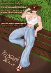 2d 2d_(artwork) big_breasts blue_eyes bra bulge bulge_through_clothing cow_girl cowboy_hat cowgirl cowgirl_outfit flaccid_penis futanari hat huge_cock large_penis long_penis looking_at_viewer milkingways muscular_futa orange_hair perky_nipples red_hair solo solo_futa talking_to_viewer text tight_clothing tight_pants