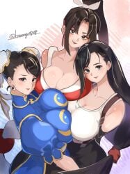 3girls artist_name big_breasts black_gloves black_hair blue_dress breast_on_breast breast_press breasts brown_eyes capcom chinese_clothes chun-li cleavage collarbone commentary_request double_bun dress earrings elbow_gloves fatal_fury final_fantasy final_fantasy_vii final_fantasy_vii_remake gloves hair_bun high_ponytail highres hug jewelry king_of_fighters kuwango large_breasts looking_at_viewer mai_shiranui multiple_girls parted_bangs ponytail revealing_clothes shiranui_mai snk square_enix street_fighter street_fighter_6 tank_top tifa_lockhart trait_connection twitter_username white_tank_top