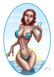 1girls 2015 big_breasts bikini breasts female female_only nipples original red_hair solo tagme_(artist) tanline