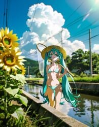 ai_generated artist_request bikini blue_sky clouds hat hatsune_miku navel outdoors summer sun vocaloid water