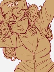 big_boobs curly_hair curvy_female hat_on white_background winking_at_viewer