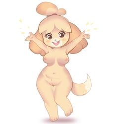 animal_crossing anthro arms_above_head blush blush_stickers breasts brown_eyes canid canine canis dogscribss domestic_dog female fur furry furry_only hair isabelle_(animal_crossing) looking_at_viewer mammal naked nintendo nipples nude open_mouth pussy shih_tzu shortstack simple_background smile solo standing tail teeth thick_thighs tongue toy_dog video_games white_background wide_hips yellow_body yellow_fur