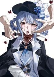 1girl absurdres bird_hat_ornament black_bow black_bowtie black_capelet black_eyes black_hat blood blood_from_eyes blood_from_mouth blood_on_face blood_on_knife blue_hair blue_necktie bow bowtie braid braided_hair_rings bug butterfly capelet collared_shirt commentary_request death decapitation deerstalker disembodied_hand empty_eyes execution grey_vest guro hair_bow hair_rings hat hat_ribbon highres holding holding_knife knife long_sleeves mahou_shoujo_no_majo_saiban necktie nosebleed red_butterfly ribbon shirt short_hair simple_background solo sugararu tachibana_sherry vest white_background white_shirt
