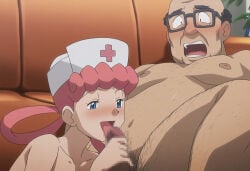 1boy 1girls ai_generated assertive_female bald blue_eyes completely_nude fat fat_male female femdom glasses kichiku-sensei licking licking_penis male malesub nude nurse nurse_cap nurse_joy old_male open_mouth oral penis pink_hair pokemon rape reverse_forced_oral reverse_rape ugly_bastard