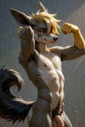 1boy ai_generated anthro_male black_eyes blonde blonde_hair canid dog_boy generation_3_pokemon gray_fur hybrid hybrid_pokemon hyena_boy male mightyena original_character pokemon pokemon_(species) rouse_(scorpianpp) scorpianpp self_upload spiky_hair stable_diffusion yellow_hair yellow_sclera