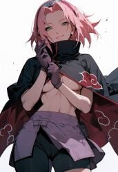 1girls 2d adjusting_gloves ai_generated akatsuki_(naruto) female female_only gloves green_eyes naruto naruto_(series) pink_hair sakura_haruno short_hair solo solo_female tagme white_background