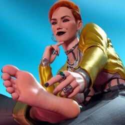 1girl 1girls 3d 3d_(artwork) absurd_res absurdres aurore_cassel beauty_mark black_lipstick black_nails black_toenails cd_projekt_red clothed clothed_female clothing crossed_legs cyberpunk_2077 earrings feet feet_focus female female_focus female_only foot_fetish foot_focus freckles freckles_on_face french_female gold_jewelry hazel_eyes hi_res highres light-skinned_female light_skin looking_at_viewer looking_down painted_nails red_hair ring sardaukar sitting smile smiling smiling_at_viewer soles solo solo_female toes undercut