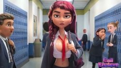 1girl backpack belly_button big_tits dark-skinned_female disney disney_characters female movie red_hair school_hallway school_uniform schoolgirl student tan_skin unknown_character walt_disney_animation_studios yallahs80