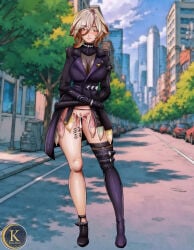 1girls after_sex body_writing bottomless condom_balloon cum cum_in_pussy female female_only free_use heels honkai:_star_rail kuchiba_(honkai:_star_rail) kyunamaori public smile solo tally_marks