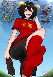 1girls 2026 2d absurdres ahoge ai_assisted ai_generated artist_self-insert black_hair blush blush_lines breasts caption colored cosplay demon demon_girl demon_horns demoness english_text face_markings fangs feet female femdom findom foot_fetish foot_focus football football_jersey football_player football_uniform gold_horns hi_res highres holding_object holding_shoe holding_shoes horns japanese_text jersey light_skin long_socks looking_at_viewer looking_down manchester_united medium_hair number number_on_clothing pale_skin parody red_clothes red_clothing red_eyes self_upload shoe_removed shoes shorts soccer soccer_jersey soccer_player soccer_shoes soccer_uniform socks solo solo_female sports_jersey sportswear star_shaped_pupils succubus text tongue villainousvicky villainousvicky_(vtuber) world_cup yellow_horns