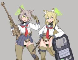 2girls :o ainagi alternate_costume alternate_halo anal animal_ear_fluff animal_ears anti-materiel_rifle bar_censor barrett_m82 blonde_hair blue_archive blue_sailor_collar blue_skirt blush breast_pocket censored commentary_request crotchless fox_ears fox_girl glock gloves green_eyes green_gloves green_halo grey_background grey_hair gun h&k_ump hair_between_eyes halo handgun hands_on_own_hips holding holding_gun holding_weapon holster holstered kaiser_pmc_(blue_archive) knee_pads kurumi_(blue_archive) leotard long_hair long_sleeves looking_at_viewer magazine_(weapon) mind_control miniskirt multiple_girls neckerchief object_insertion open_mouth otogi_(blue_archive) pleated_skirt pocket pubic_tattoo pussy red_neckerchief rifle sailor_collar salute school_uniform serafuku shield shirt short_hair simple_background skirt smile sniper_rifle standing submachine_gun tattoo thigh_holster thigh_strap thighhighs vaginal vaginal_object_insertion weapon white_shirt