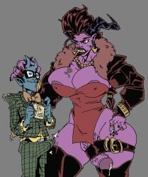 big_breasts big_penis blue_skin bowtie dress earrings erection_under_clothes futanari glasses heart_eyes horns jacket leg_strap male mustache pointy_ears precum purple_skin suit tattoo_on_breast thigh_boots tusks