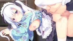 1boy 1girl blush breasts breasts_out censored game_asset hetero japanese_clothes kimono koi_ni_kanmi_o_soete leg_lift long_hair maid maid_headdress medium_breasts miyasaka_miyu miyasaka_naco mosaic_censoring nipples penis purple_eyes pussy sex shionomiya_richer skirt smile solo_focus thighhighs twintails vaginal wa_maid white_hair white_thighhighs