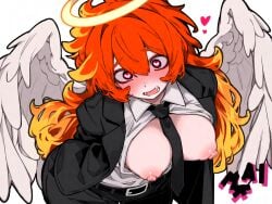 boobs boobs_out excitement fiery_hair girl girl1 halo nipples office_suit prince_iskra suit wings
