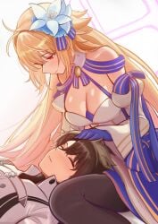 0nineo9 1boy 1boy1girl 1girl 1girls absurd_res archetype_earth archetype_earth_(third_ascension) arcueid_brunestud blonde_hair blonde_hair_female blue_gloves blue_skirt blush breasts cleavage cress detached_collar detached_sleeves fate/grand_order fate_(series) flower fujimaru_ritsuka_(male) fujimaru_ritsuka_(male)_(decisive_battle_chaldea_uniform) gloves highres jacket lap_pillow long_sleeves medium_breasts multicolored_skirt pantyhose red_eyes short_hair skirt sleeping very_long_hair white_jacket wholesome
