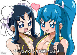 2girls alternate_version_available bare_shoulders big_breasts blue_eyes blue_hair blush busty capcom chun-li_(cosplay) cleavage clothing cosplay curvy eyelashes female female_only front_view hair_bun happinesscharge_precure! heart heartcatch_precure! human japanese_text kurumi_erika large_breasts long_hair looking_down multiple_females multiple_girls open_mouth ponytail pose posing precure pretty_cure shiny shiny_skin shirakai shirayuki_hime simple_background standing street_fighter text tied_hair translation_request video_game video_games voluptuous white_background