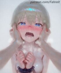 1boy 1girl 1girls 1other ai_generated arms_up artist_name bdsm blonde_hair blue_eyes blush bondage bound bound_arms bound_wrists breasts breasts_squeezed_together breath clenched_hands collarbone completely_nude crying crying_with_eyes_open drooling ear_blush fahreit grey_background grey_hair hair_between_eyes hands_on_another's_cheeks hands_on_another's_face hands_up heart heavy_breathing hetero looking_at_viewer lower_teeth_only medium_breasts nose_blush nude open_mouth out_of_frame patreon patreon_username pov pov_hands restrained rope saliva saliva_trail shiny_skin short_hair simple_background small_breasts snot solo_focus stable_diffusion steam sweat sweating sweaty sweaty_body tearing_up tears teeth tongue torogao upper_body uvula uzaki-chan_wa_asobitai! uzaki_hana wavy_mouth white_background