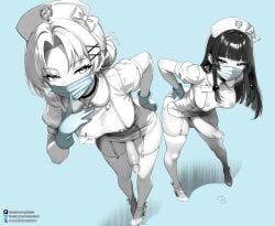 2girls absurdres bent_over blue_background breasts bubblebebe bubblebebe_(artist) cross cross_earrings cum cum_on_floor cum_on_shoe cum_pool cumdrip_from_penis disposable_gloves earrings futanari garter_belt gloves hair_ornament hairclip hat highres hime_cut indie_virtual_youtuber infirmary jewelry large_penis long_hair looking_at_viewer mask mole mole_under_eye monochrome mouth_mask multiple_girls name_tag nurse nurse_cap penis rei_(bubblebebe) simple_background surgical_mask virtual_youtuber
