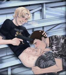 2boys andre_kriegman blonde_hair blonde_male blowjob blush blush_lines blushing brunette_hair cal_gabriel calvin_gabriel forced forced_oral gay gay_male gun gun_play gun_to_head lgbtq+ male male_only nervous nervous_smile nervous_sweat pants_down pubic_stubble scars_on_arm scars_on_body scars_on_stomach self_harm_scars twink zero_day