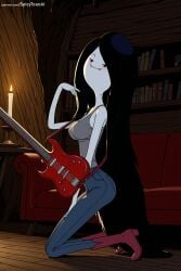 1girl adventure_time ai_generated black_hair bookshelf breasts closed_eyes denim full_body guitar hat hi_res high_quality high_resolution holding_instrument instrument jeans long_hair marceline music pants patreon piano playing_instrument seductive sexy solo spicytoonai uncensored very_long_hair watermark white_skin
