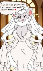 ai_assisted anthro big_breasts blush bridal_veil bride cincci_(lucyfercomic) cinccino cleavage dress_lift female furry happy long_hair looking_at_viewer pigtails smile speech_bubble tiara wedding_dress white_fur white_scarf