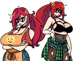 1girl 1girls 2026 big_boobs big_breasts bikini bikini_top boobs breasts clothed clothing cross cross_necklace digital_drawing_(artwork) digital_media digital_media_(artwork) fishnet fishnet_legwear fishnet_stockings glasses hair hi_res highres hot murgoten red_hair shorts simple_eyes sweden white_background