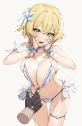 bra_pull embarrassed genshin_impact huge_breasts lumine_(genshin_impact) pervert piyo_(pixiv_2308057) pov skindentation swimsuit swimsuit_pull thigh_strap