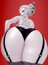 1girls ass ass_focus half-dressed half_naked half_naked_female lingerie lingerie_only looking_back morepolygons11 rwby salem_(rwby) solo_female white_hair white_hair_female
