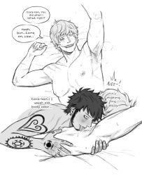 2boys arm_tattoo arm_up armpit armpit_crease armpit_fetish armpit_hair armpit_licking blush dialogue donquixote_rosinante embarrassed english_text facepaint gay inverted_nipples licking licking_armpit long_sideburns makeup male male_only monochrome muscular muscular_male musk nervous nude one_piece scar scars scars_all_over sideburns smell smelly_armpits splunkydunk sweat tattoo tattoos thought_bubble trafalgar_law yaoi